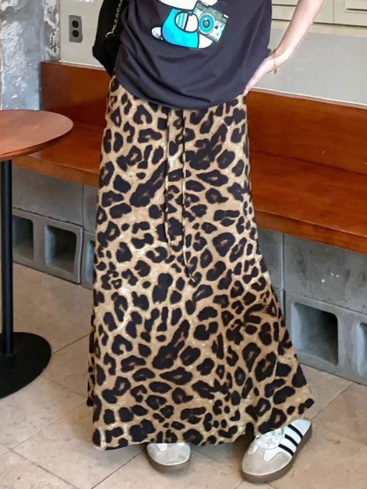 Women Streetwear Leopard Long Skirt Loose High Waist American Vintage Skirts Harajuku Casual Spring Summer Hip Hop Long Skirts