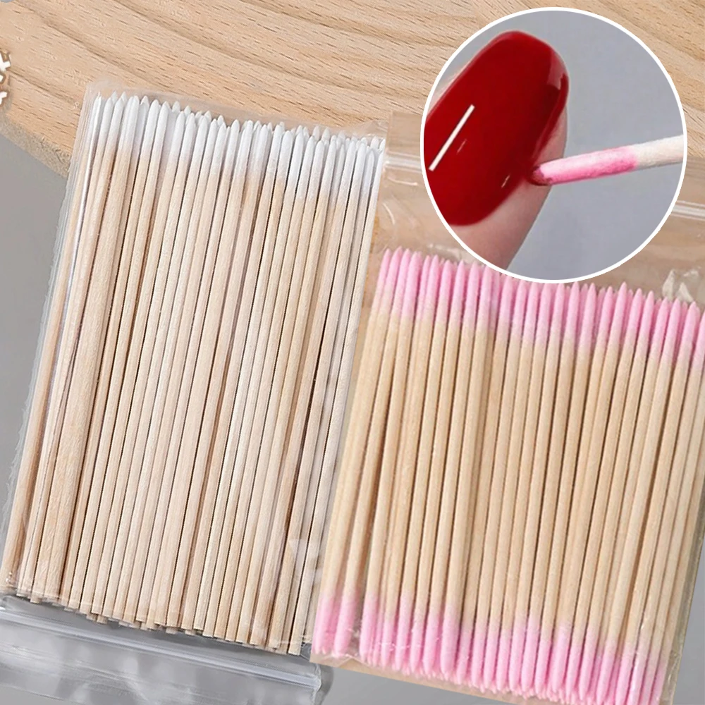 100/300/500pcs Pink Double-Headed Cotton Swabs 7cm Disposable Clean Sticks Bud Tip Wooden Swab Nail Polish Remover Cleaning Swab
