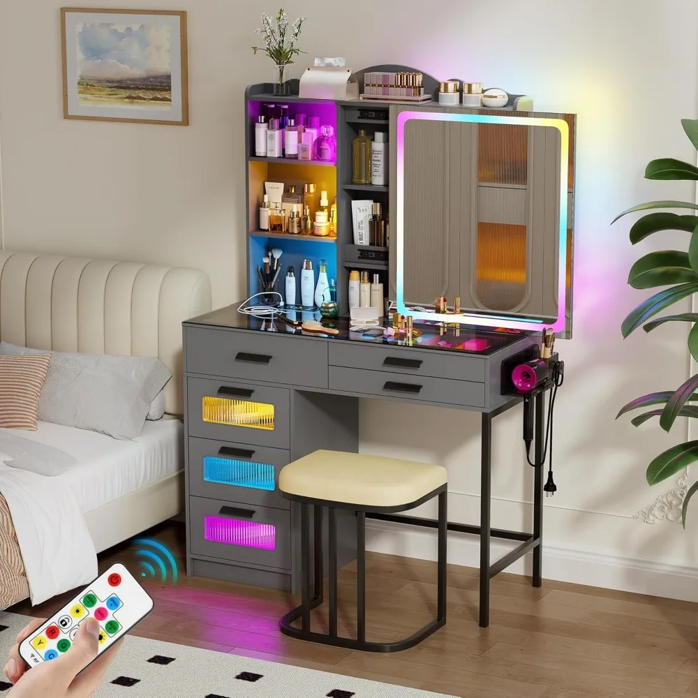 مكتب زينة RGB مع مرآة وأضواء منزلقة، زينة مكياج مع محطة شحن، طاولة زينة LED مع سطح زجاجي، فانيتي للفتيات