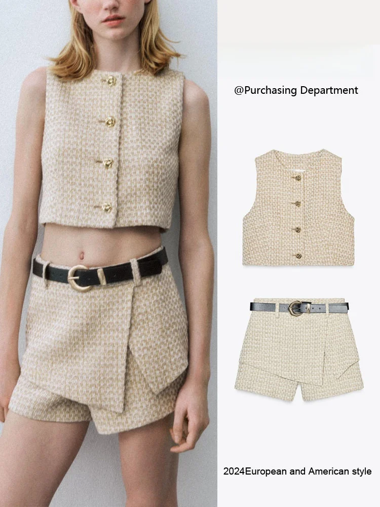 

Spring New Arrival Women's round Ne Vest And Belted Texture Skirt Pants Two-Piece Set Faionable And Sli Ensemble