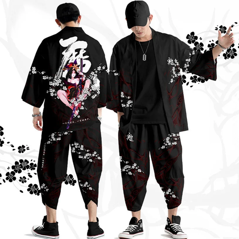 

Two-piece Suit XXS-6XL Loose Japanese Cardigan Women Men Cosplay Yukata Clothing Harajuku Samurai Kimono + Pants Sets