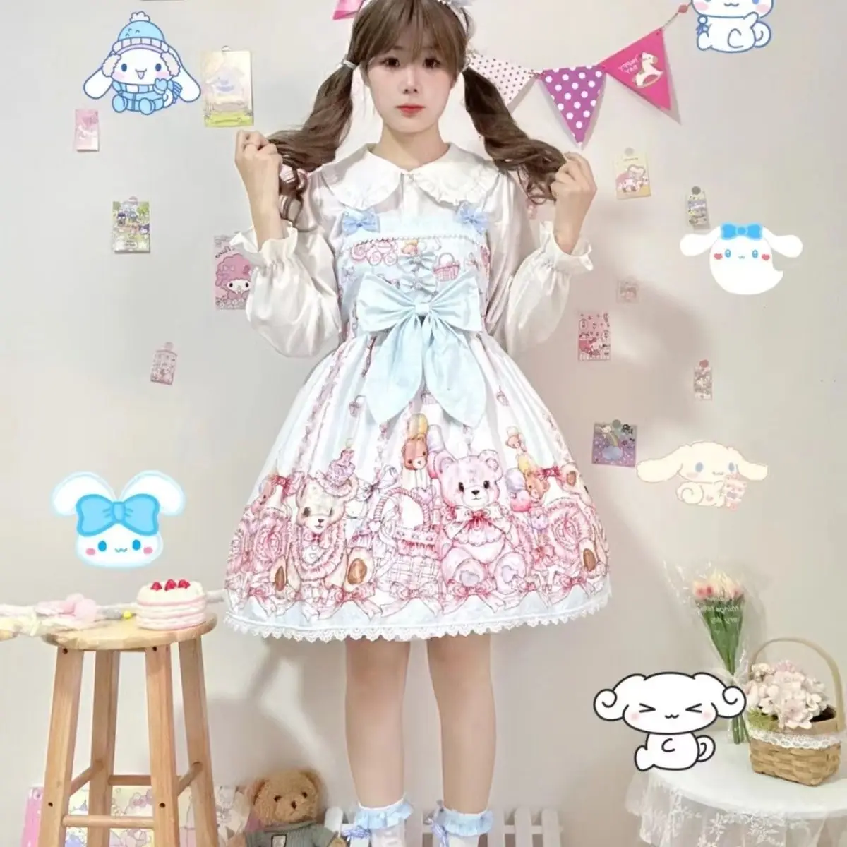 

Kawaii Sweet Lolita Princess Dress Women Cute Cartoon Bear Print Bow Strap Dress Kawaii Girl Fashion Tea Party Mini Dress