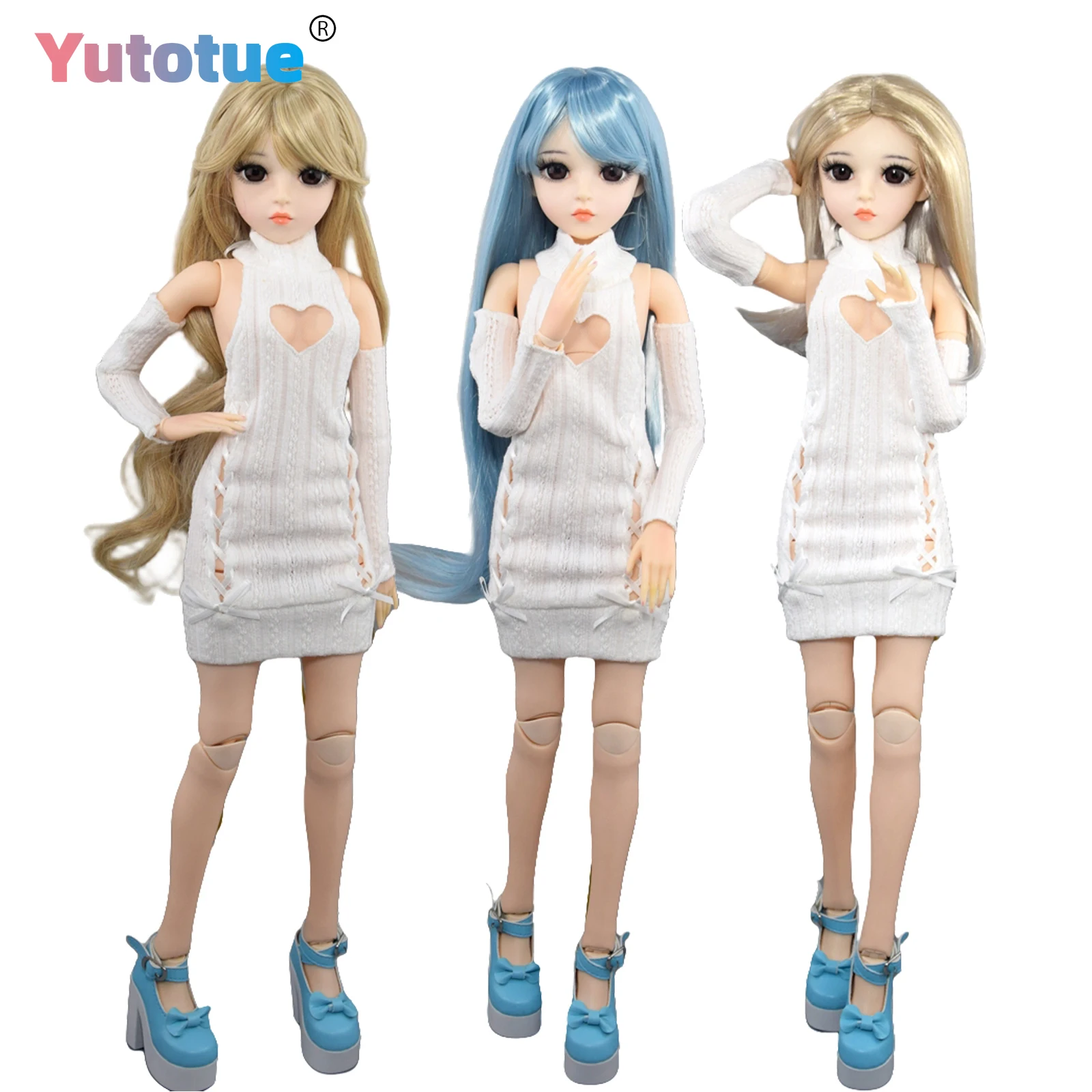 

YUTOTUE 60cm Height Girl Doll Toy Mechanical makeup 18 Joints Body with White color Sweater Dress Shoes Wigs Full Set Toy