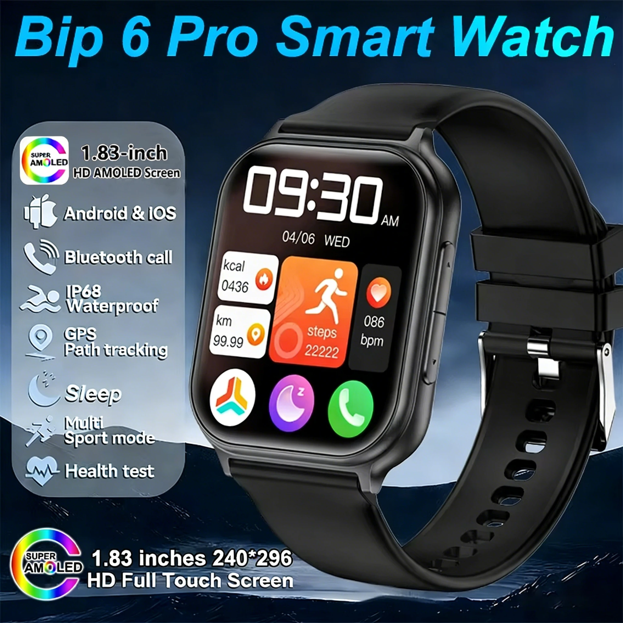 

Новые умные часы Bip 6 Pro, спортивные часы для фитнеса, IP68, водонепроницаемые, с датчиком сердечного ритма, Bluetooth, GPS, аккумулятор 700 мАч, мужские умные часы