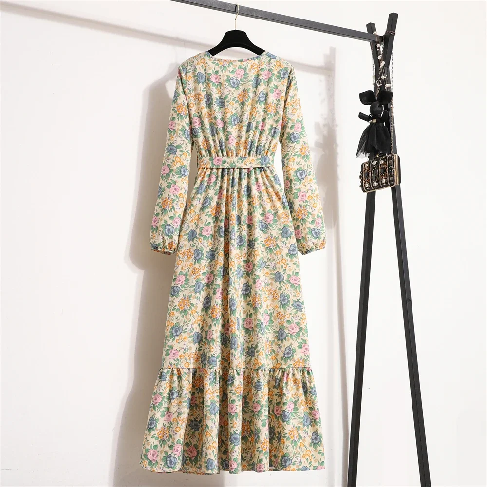 Autumn Spring Women Chiffon Dresses O-neck Mujer Vestidos Female Vintage Floral Printed Full Sleeve A-line Long Maxi Dresses