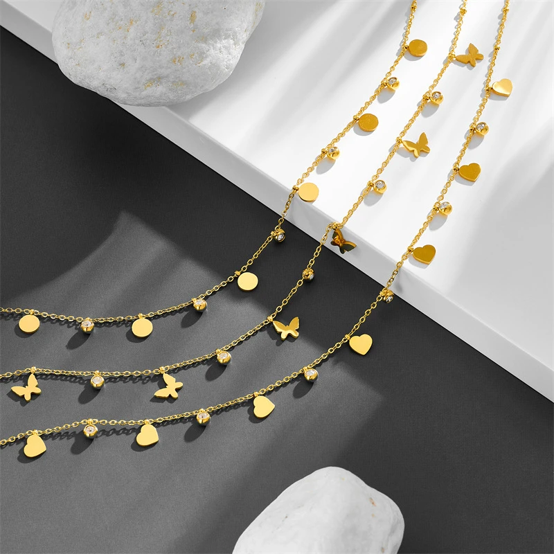 Kuziduocai 100% Stainless Steel 2025 New Fashion Jewelry Zircon Heart Shape Butterfly Charm Chain Choker Necklaces For Women