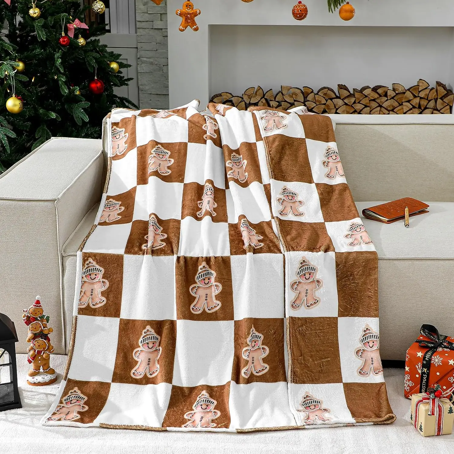 Tingjoo Gingerbread Throw Blanket White Brown, Fuzzy Flannel 60x50 Inch