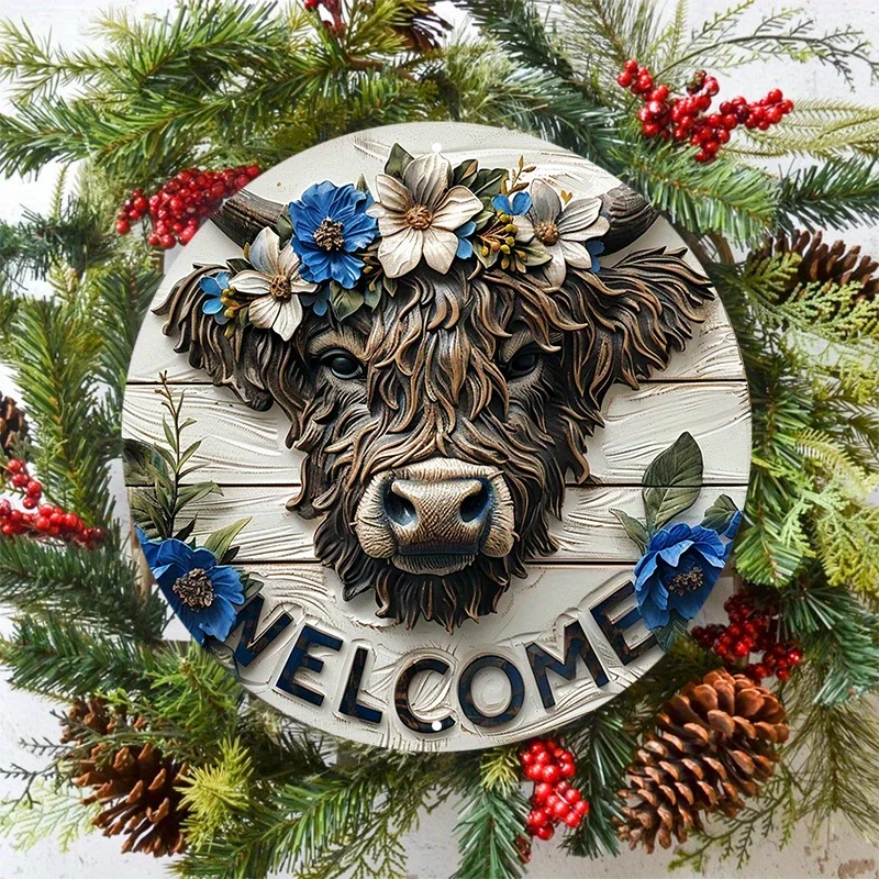 Highland Cow Welcome Sign, 8x8inch Round Aluminum Metal Door Hanger with Blue Flowers and Wood Background