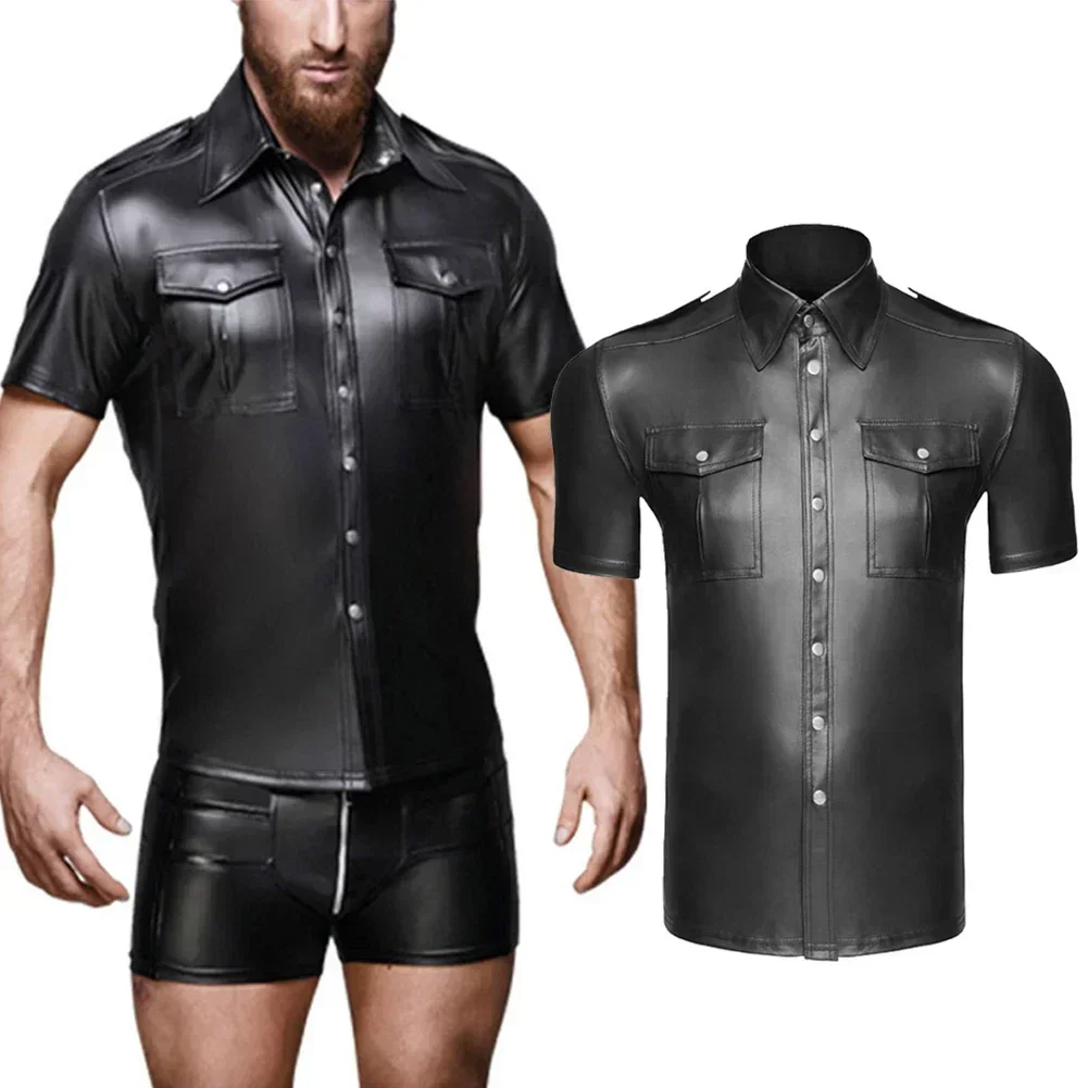 Men  Uniform Shirt Collared Short Sleeve Tee Wet Look Top Blouse