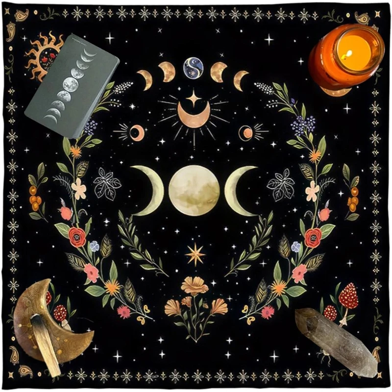 Phases lune fleur astrologies autels tissu Tarot nappe Divinations nappe tapisserie décor sorcellerie fournitures D5QD