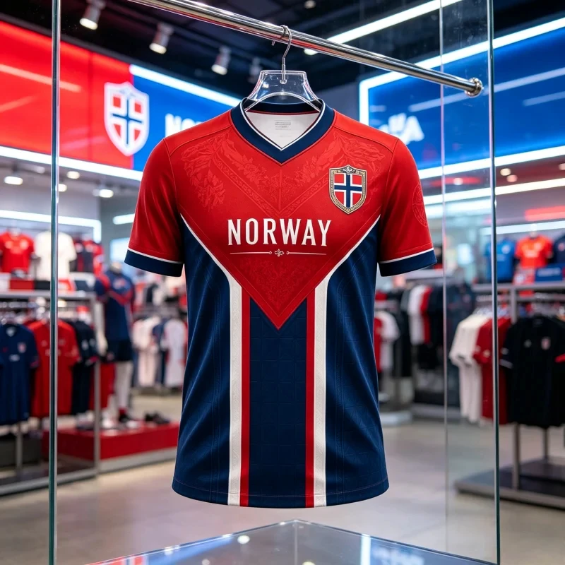 Camiseta de Fútbol Estilo Noruega 2026 con Cuello en V, Rayas Verticales Rojas y Azul Marino, Secado Rápido y Transpirable para Deportes y Uso Diario Informal