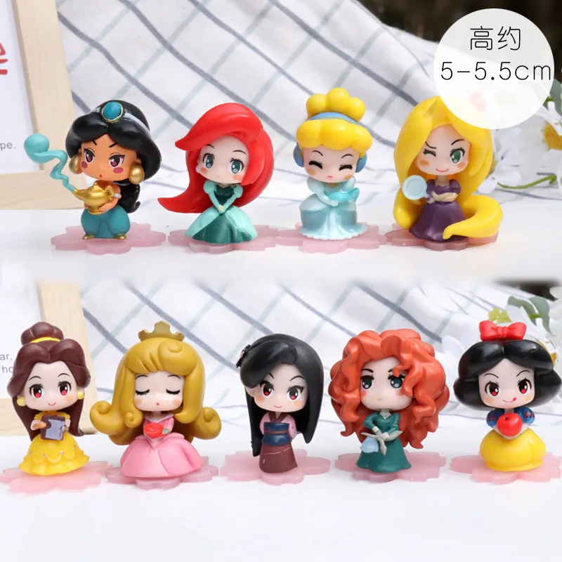 9Pcs/Lot 5cm Disney Kawaii Merida Mulan Belle Snow White Aurora Jasmine Princess Ariel PVC Action Figure Model Toys Kids Gifts