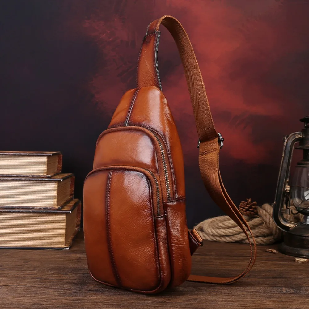 Real leather high-end large-capacity men's crossbody messenger bag with multiple pockets and lightweight travel shoulder bag