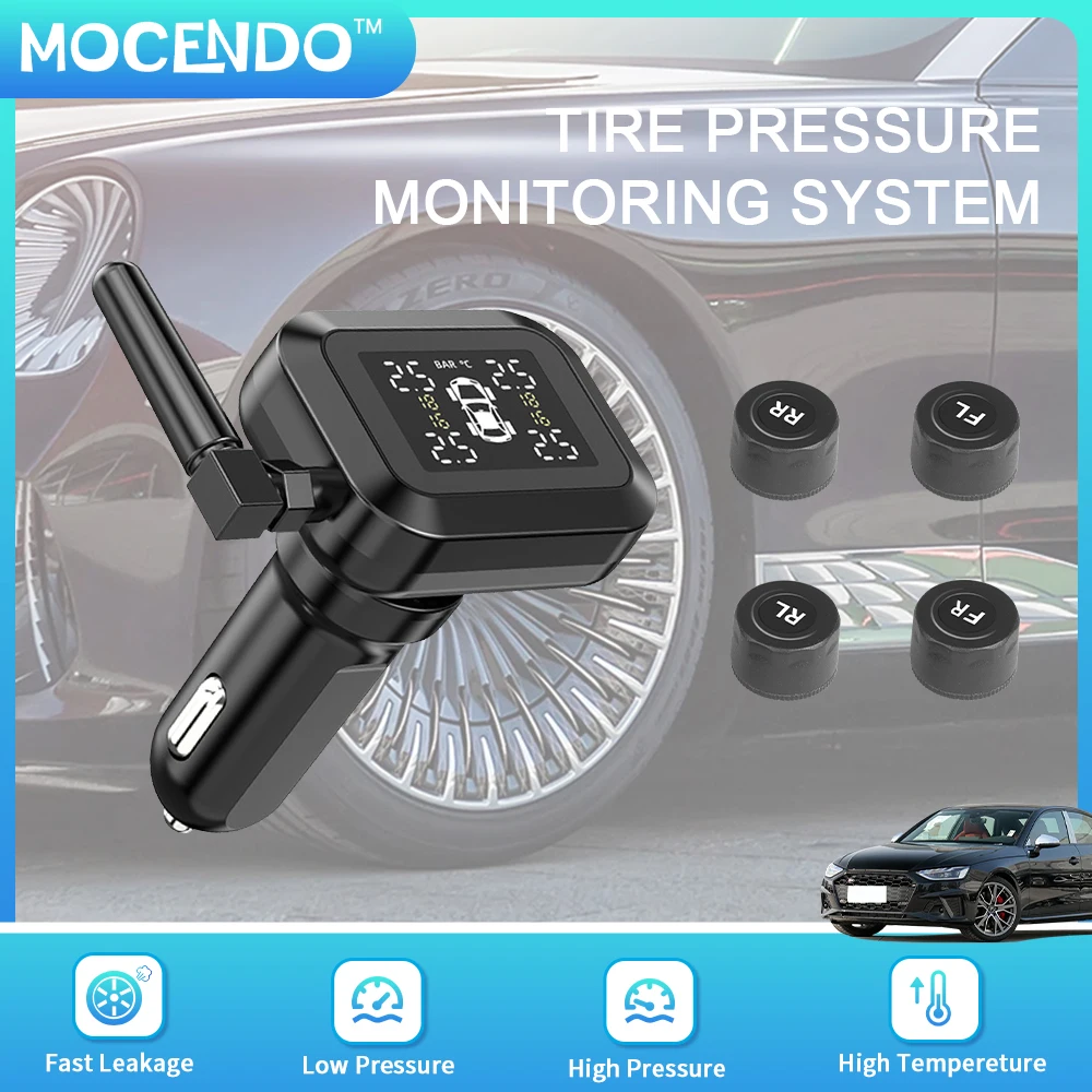 

Универсальная беспроводная система контроля давления в автомобильных шинах TPMS с 4 датчиками, цифровым дисплеем и сигнализацией, мощность прикуривателя 12 В