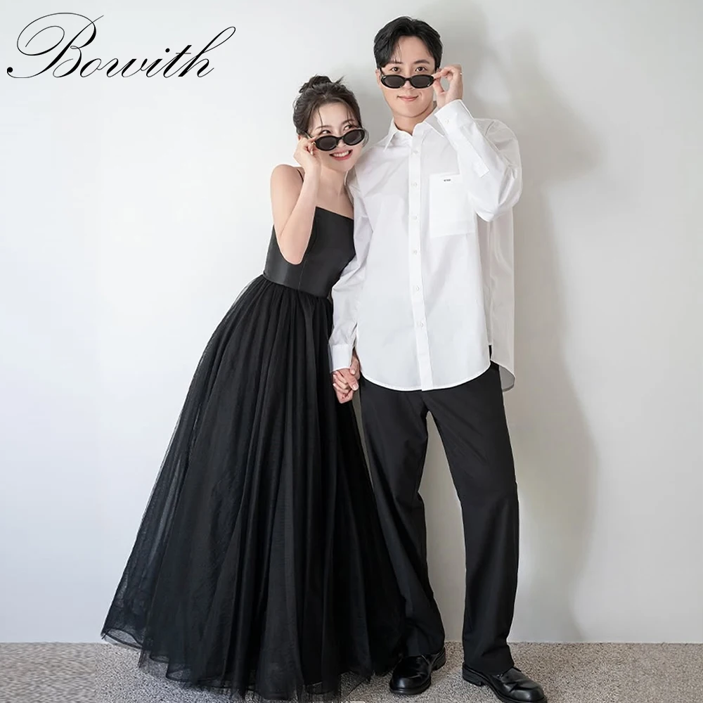 

Bowith Black Satin and Tulle Korean Wedding Dresses A-line Customized Strapless Evening Dresses Elegant Photo Shoot Dresses