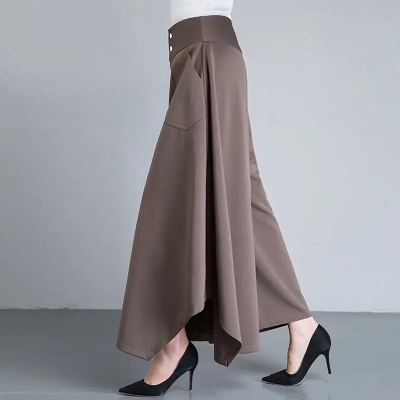 2022 Spring Simplicity Buttons Solid Color High Waist Wide Leg Pants Ladies Fashion Irregular Trousers Women's Ninth Pants