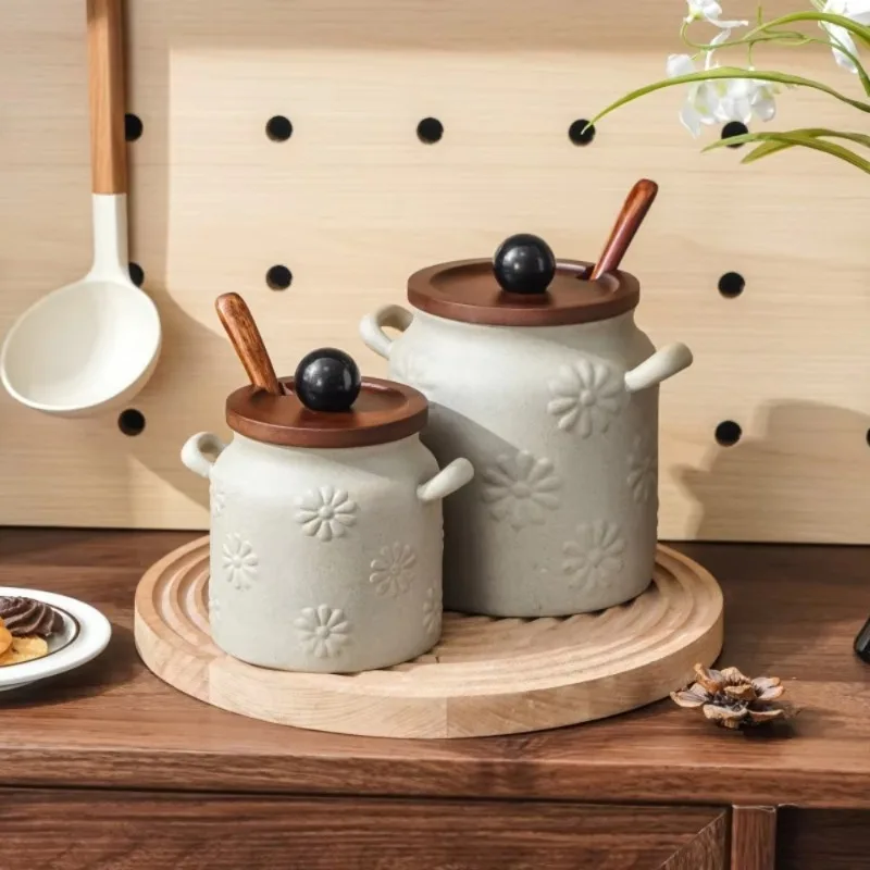 Coarse Pottery Daisy Wooden Cover Pig Oil Tank Household Pepper Oil Tank Salt Tank with Cover Clay Relief Seasoning Tool