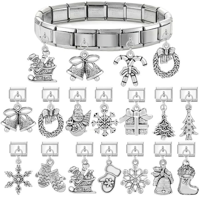 Merry Christmas Italian Charm Bracelet for Women Snowman Santa Claus Stainless Steel Pendant Bracelets New Year Jewelry Gifts