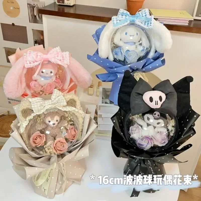 

New Kawaii Sanrio Cinnamoroll Cartoon Stuffed Flower Bobo Ball Kuromi Plush Doll Toys Bouquet Creative Graduation Christmas Gift