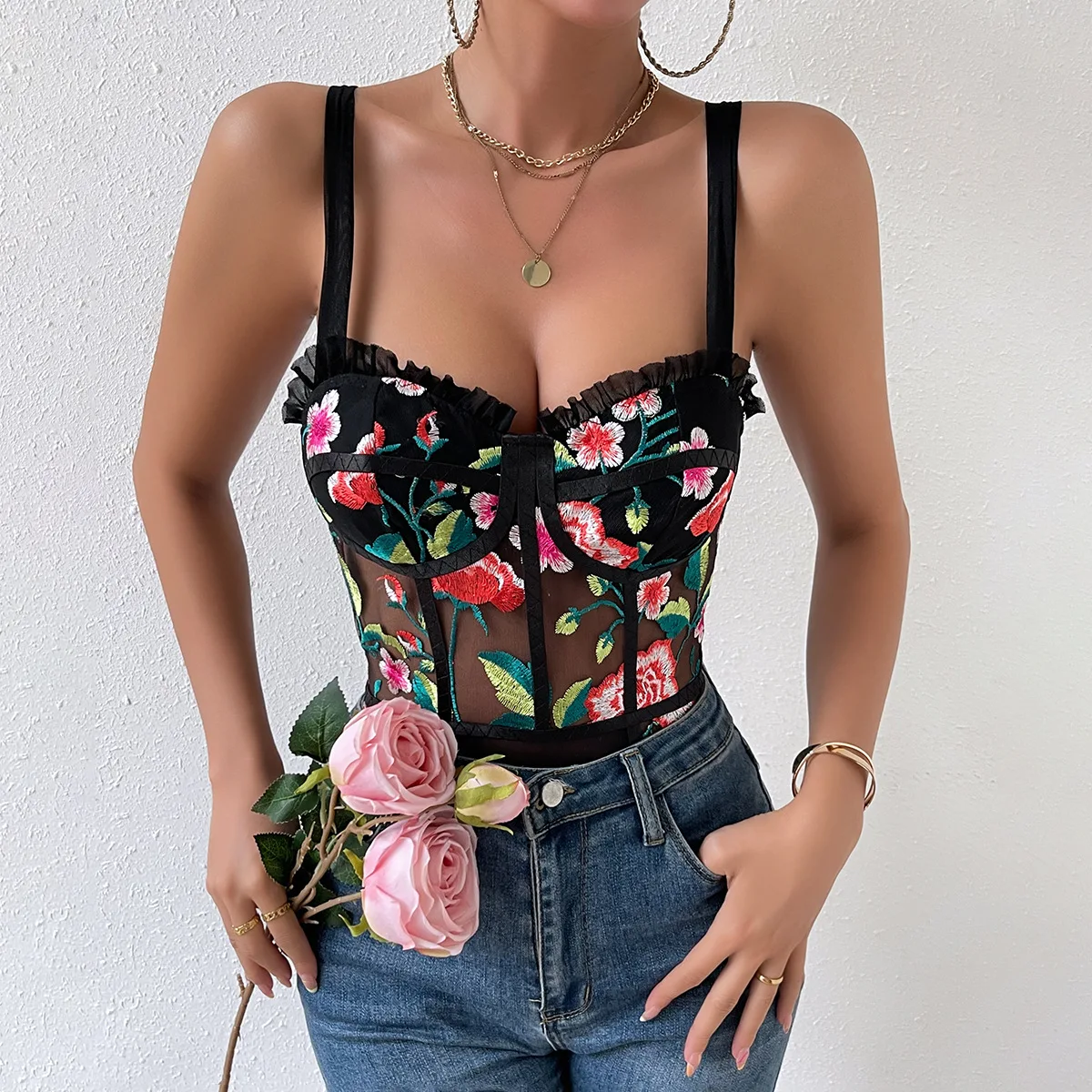 

Women Floral Mesh Jumpsuits Thongs One Piece Bodysuits Sleeveless Bodycon Outfits 2024 Summer Slim Shapewear Bodyshaper Tank Top