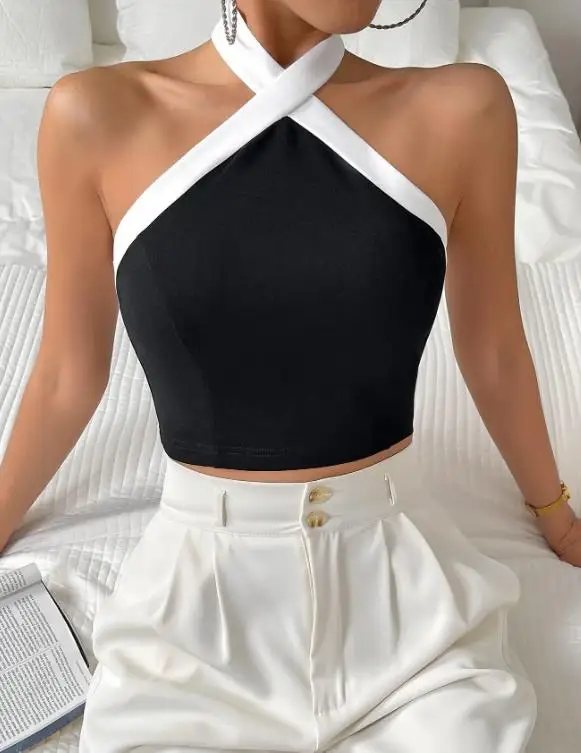 

Tight Women's Vest Summer French Black and White Color Blocked Sexy Sleeveless Backless Halter Top Suitable for Parties