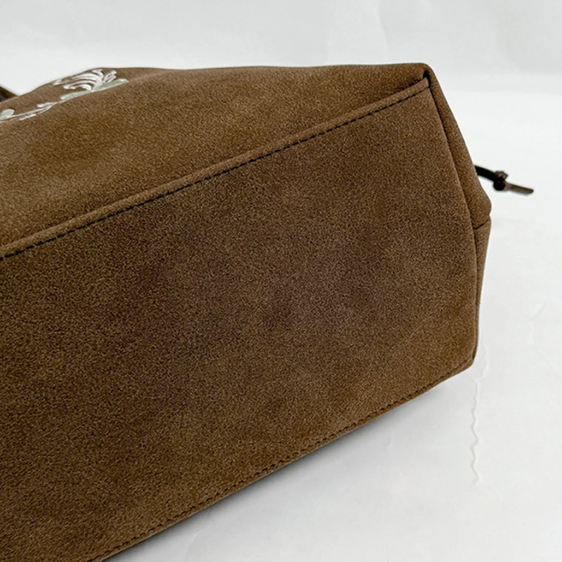 Koreanische Umhängetasche mit Kordelzug, ethnische Blumen- und Musiknoten-Stickerei, große Handtasche für Damen, Vintage-Handtasche für den Winter. – Detail 5