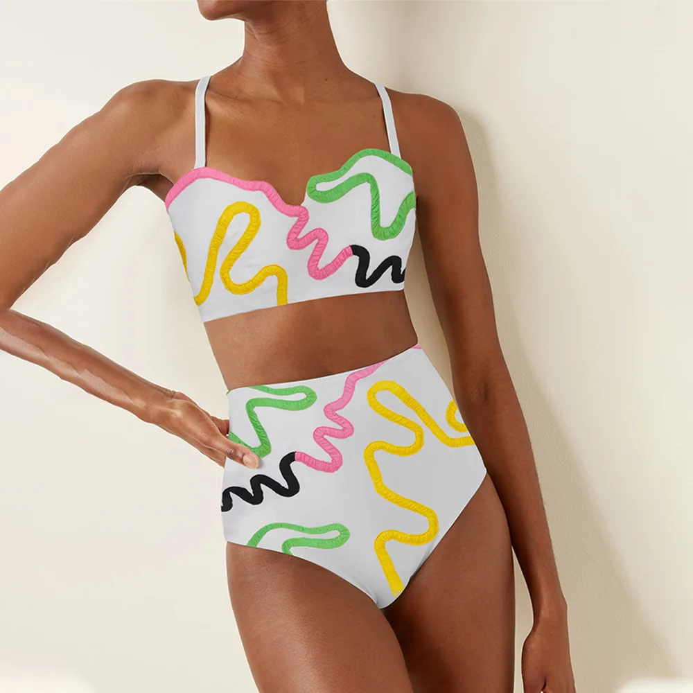 

Fashion Colorblock Beach Bikini Set Two Pieces High Waist Sling Bikini Designer Style Swimwear 2024 Women Printed Brazilian Tops