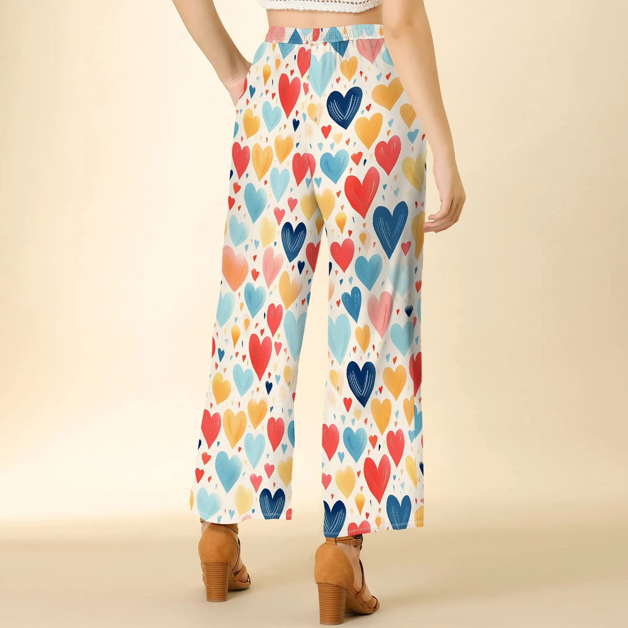 Women's Wide Leg Ankle-Length Pants Heart Print Casual Elastic Loose Breathable for Casual Dating Shopping Beach Party