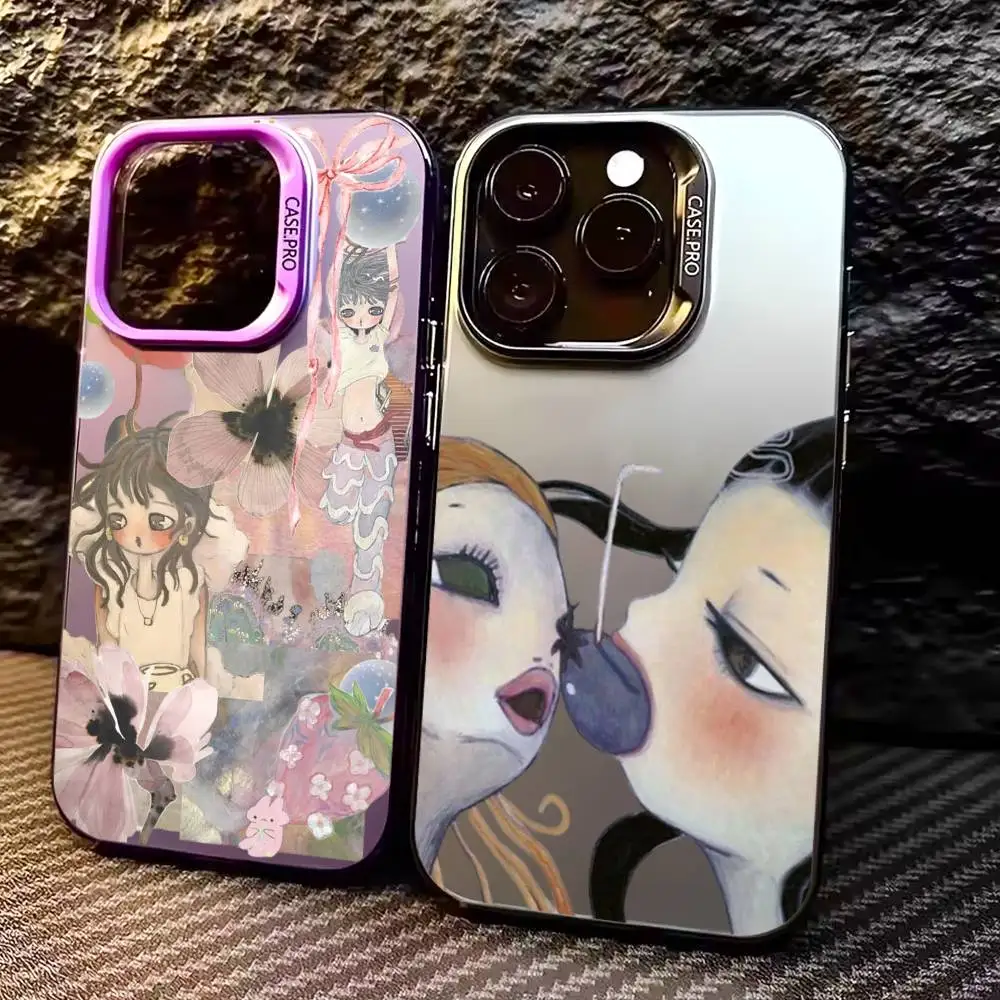 Anime A-Aya Takano Girl Art Phone Case For iPhone 17,16,15,14,13,12,11 Plus,Pro Max,Colored Silver Phone Case