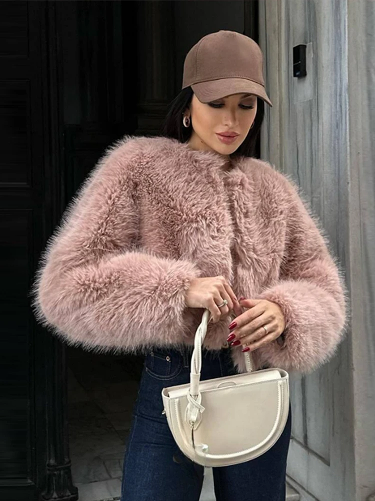 Vintage Solid Faux Fur Short Coat Women Casual Plush O-neck Long Sleeve Coats Female Winter Warm Elegant Daily Simple Outwear