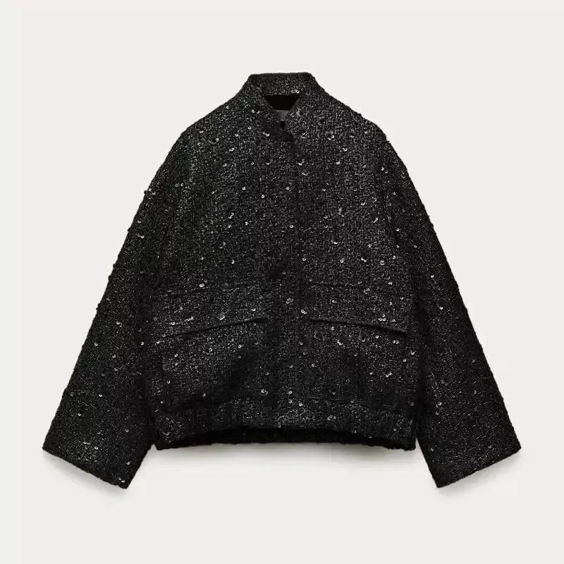 

Sequin High Street Women's Coat Fashion Turndown Collar Long Sleeve Single-breasted Female Coats 2024 Autumn Winter Lady Outwear