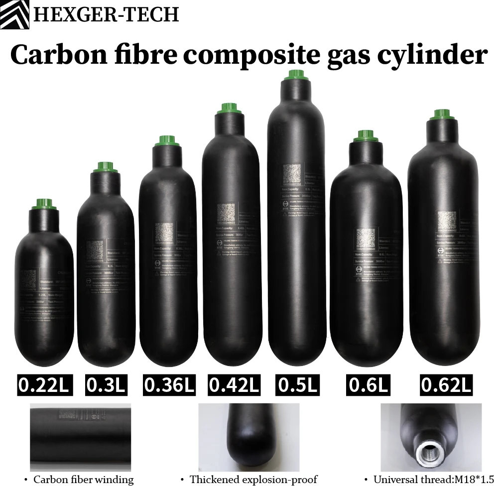 0.22L，0.5L/500cc  HPA da fibra do carbono, cilindro de gás de alta pressão, caça do mergulho de FX, M18, 1,5, 4500Psi, 300Bar