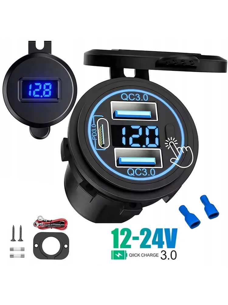 3-Port-Schnellladegerät mit Dual PD & QC 3.0 112W, Einbaubuchse für 12V 24V Motorrad, Boot, Marine, LKW, ATV