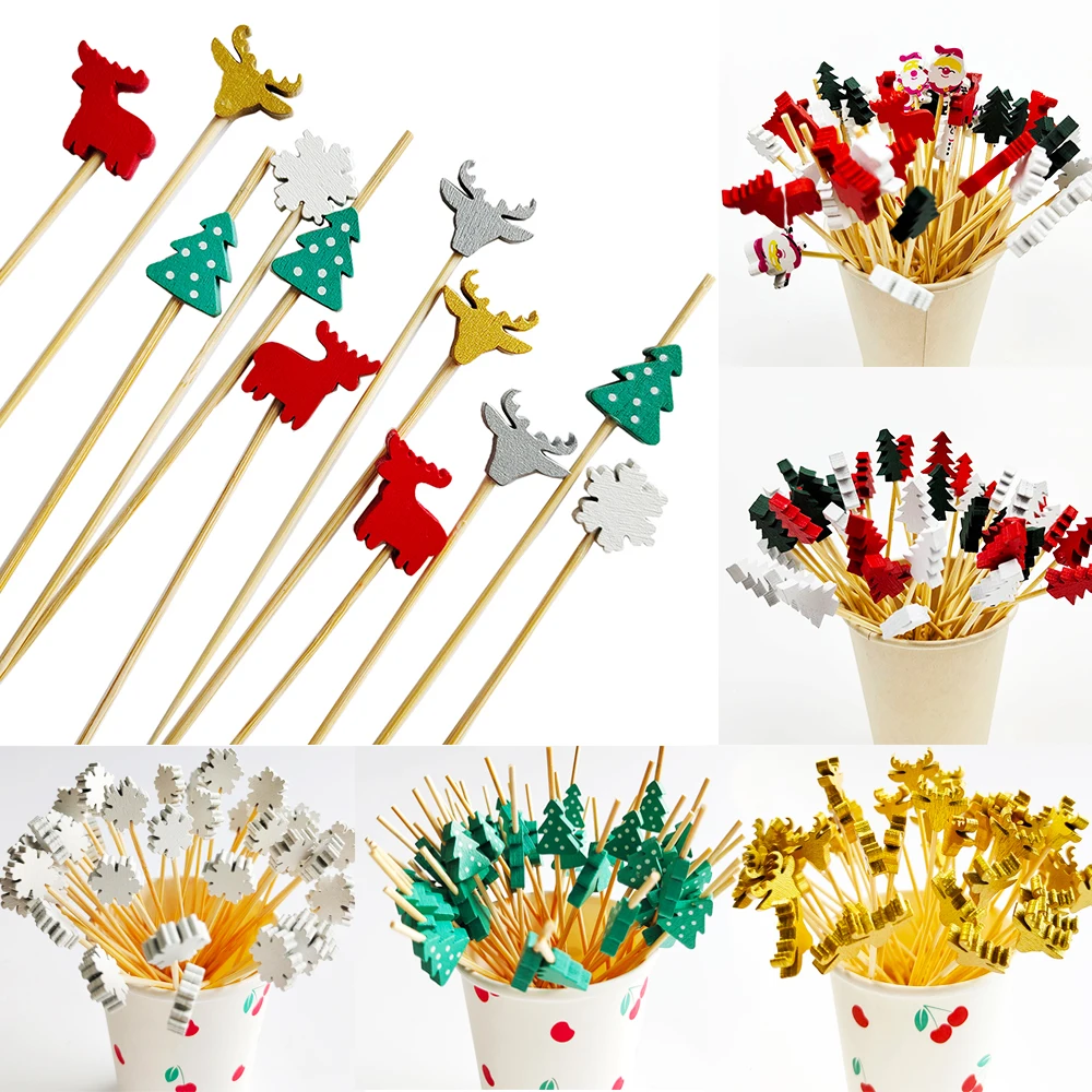 100Pcs Christmas Disposable Bamboo Skewers Santa Xmax Tree Fruit Fork Buffet Dessert Cocktail Sticks Christmas Decoration 2024