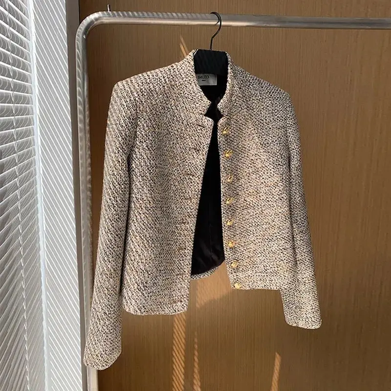 Vintage Cropped Tweed Jacket Women Elegant Short Blazer Autumn Korean Single-Breasted All Match Casual Chic Outerwear Tops