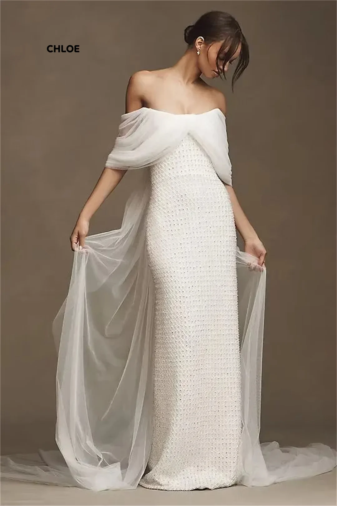 فساتين سهرة على شكل ذيل السمكة فساتين حفلات أنيقة للسيدات 2025 فستان نسائي فاخر مصنوع حسب الطلب للحفلات الراقصة شال فاخر مكشوف الأكتاف