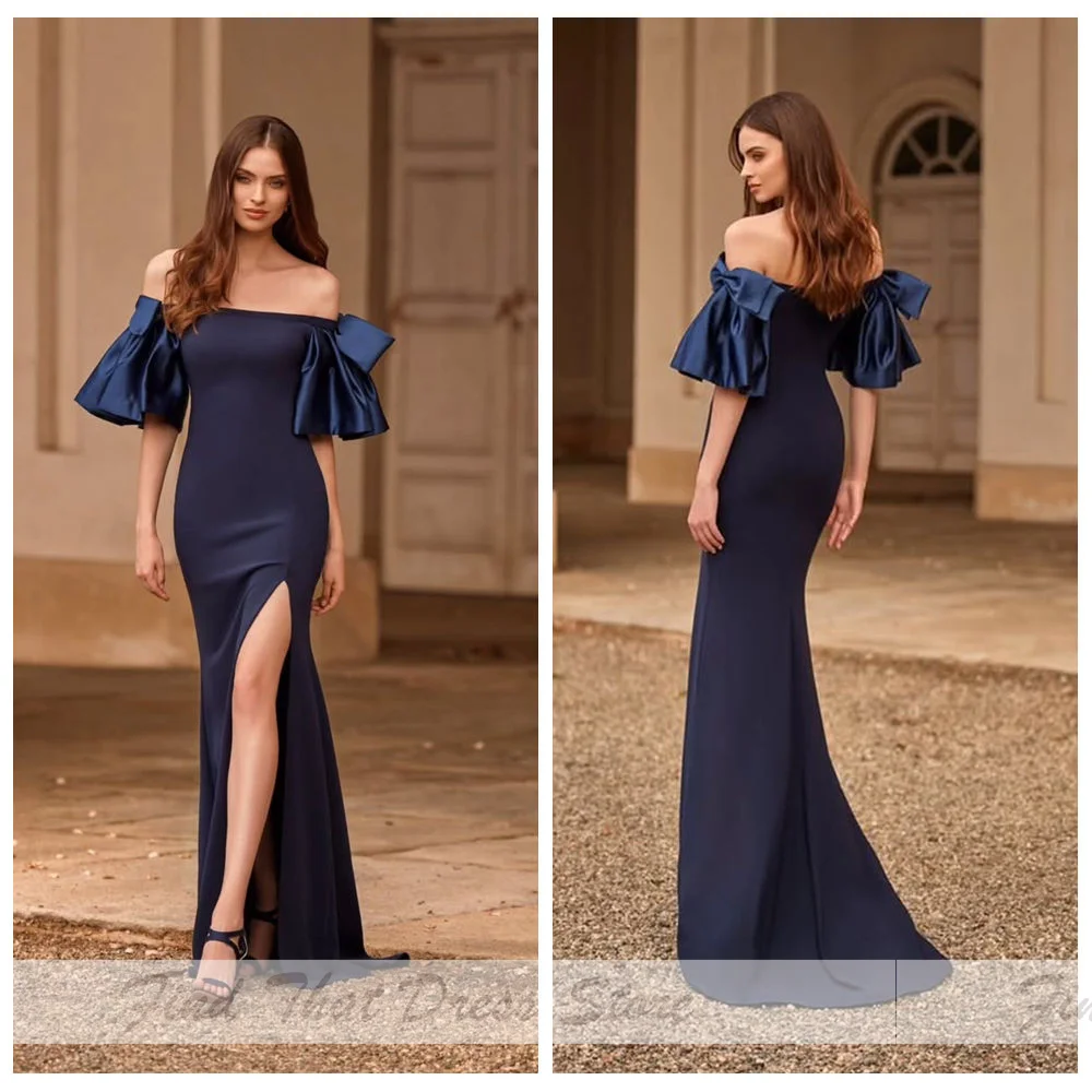 

Элегантное выполненное на заказ сексуальное вечернее платье русалки с воротником-лодочкой и высоким разрезом по бокам, с открытой спиной и бантом, платье для выпускного вечера со шлейфом