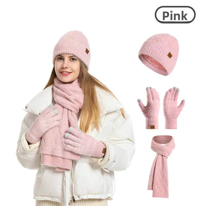 Roupas femininas elegantes e bonitas de inverno, chapéu de proteção de ouvido quente e resistente ao frio, cachecol, luvas, conjunto de três peças