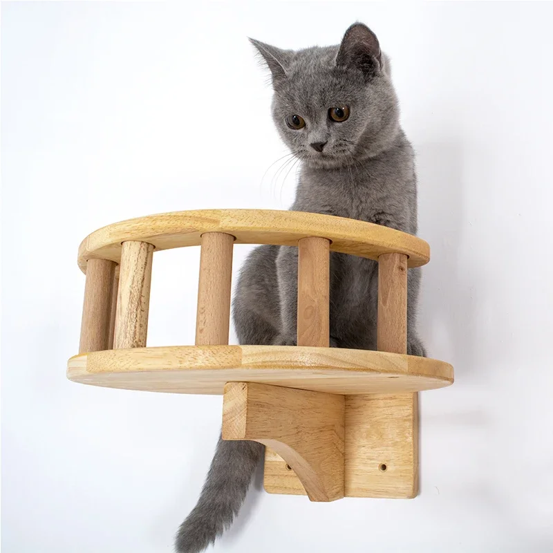 

Wooden Cat Tree Tower Pet Cat Furniture Cat Hammock House with Guardrail Cat Wall Steps Scratch Post Climbing Frame Wall Mounted