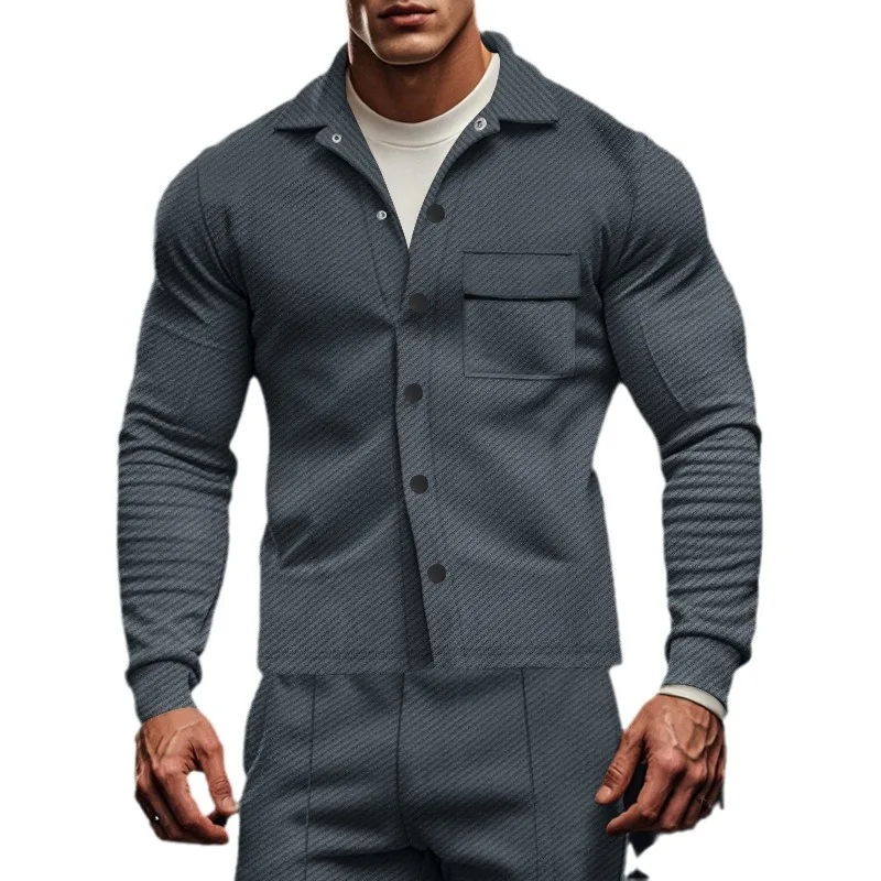 Autumn Casual Men\'s Heavy Twill Lapel Long Sleeve Jacket Single-breasted Solid Color Slim-fit Jacket