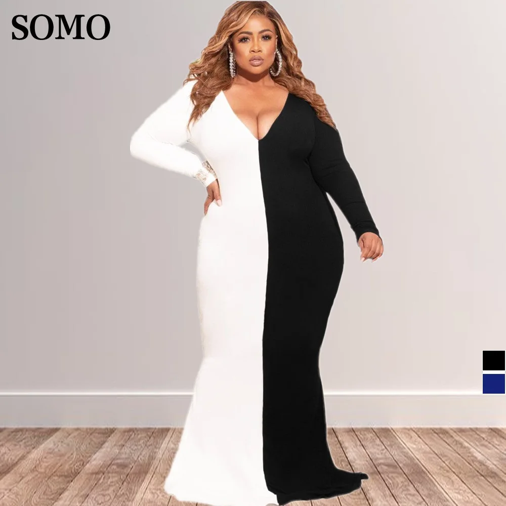 SOMO 2022 Women's Slim Plus Size Sexy V Neck Long Sleeves Color Blocking Floor Length Casual Dresses Wholesale Dropshipping