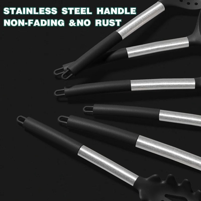 43 pcs Heat Resistant Kitchen Utensils, Black Kitchen Gadgets Set with Stainless Steel Handles Non-Stick Cookware