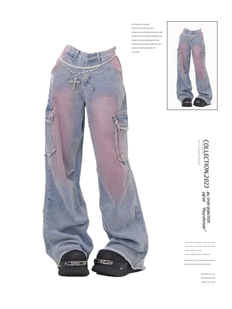 

Women Blue Cargo Y2k Jeans Pants Baggy Harajuku Japanese 2000s Style Y2k Emo Oversize Jean Pants Vintage Denim Trousers Clothes