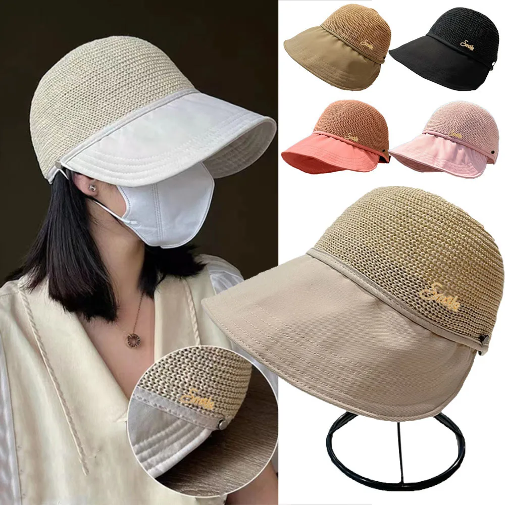 

Breathable Mesh Women UV Protection Bucket Hat Grass Woven Sunscreen Hat Ponytail Baseball Cap Fisherman Hat Wide Brim Sun Hat