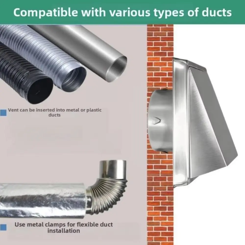 Stainless Steel Dryer Vent Cover Durable Non-Return Flap Outdoor Vent Cushioned Black/Silver Ventilation Outlet Outdoor Walls