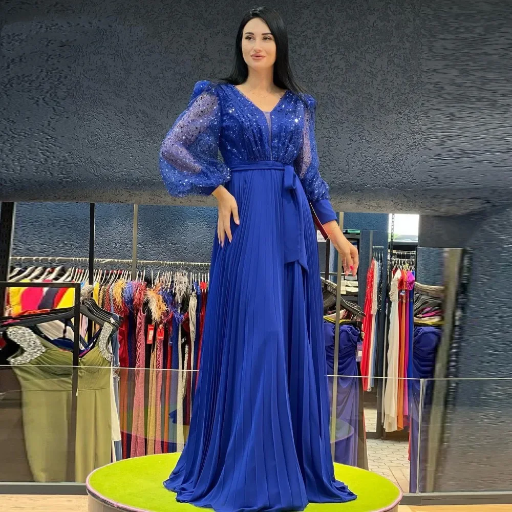 Flavinke-Robe de Soirée en Mousseline de Soie Bleu Royal, Tenue de Mariage, Col en V, Paillettes, Plis aniques, Ligne A, Bal, Quelle que soit la Tenue de Célébrité