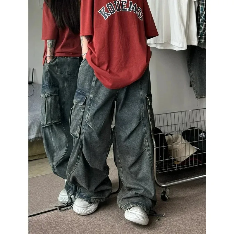 Damskie jeansy w stylu American Vintage, proste, z wysokim stanem, niebieskie, codzienne spodnie high street, luźne spodnie z szerokimi nogawkami, grunge, sprane spodnie dżinsowe.