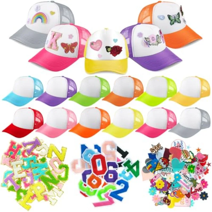 

12 Pack DIY Trucker Hats Kit Sublimation Blank Baseball Caps with 120 pcs Embroidered Patches DIY Craft for Party