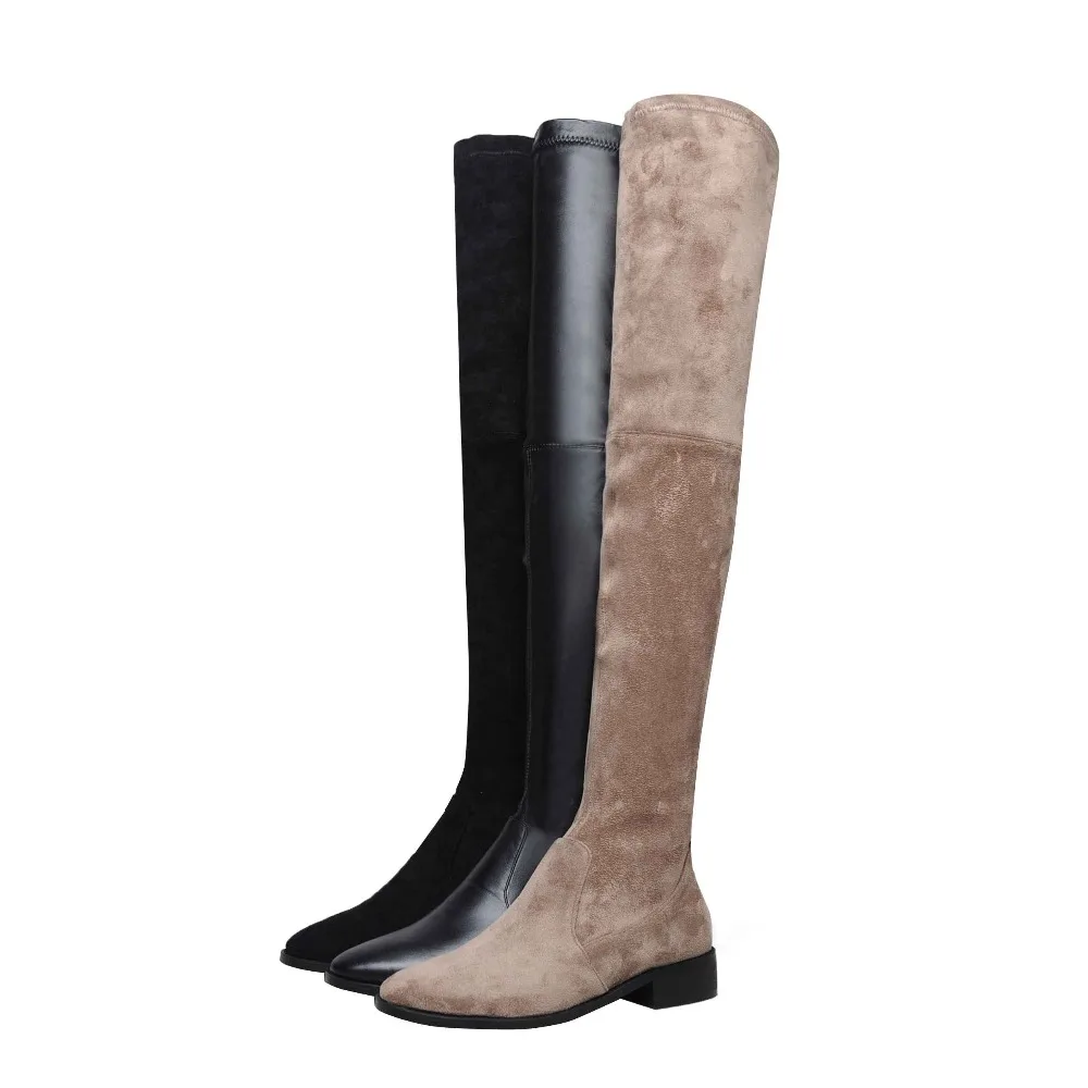 Krazing Pot 2025 Big Size 42 Cow Leather Flock Round Toe Stretch Over-the-knee Boots Thick Heels Solid Thin Leg Thigh High Boots