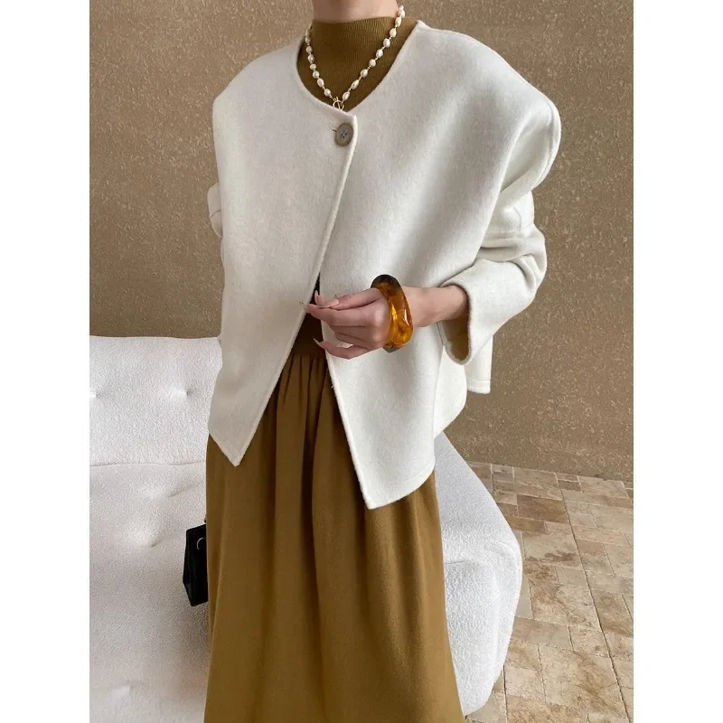 Simple O Neck Small Fragrance Double-faced Wool Coat Women Fashion Basic Elegant Office Long-sleeved Korean Chic Wool Jacket